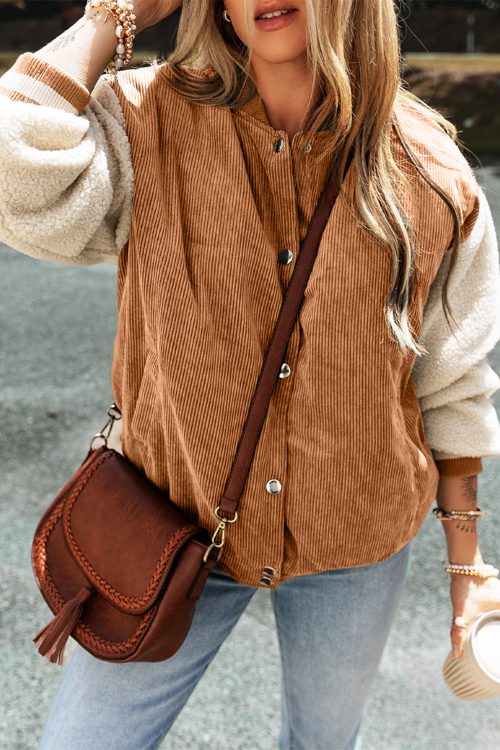 Mist Green Corduroy Fleece Patchwork Buttoned Bomber Coat